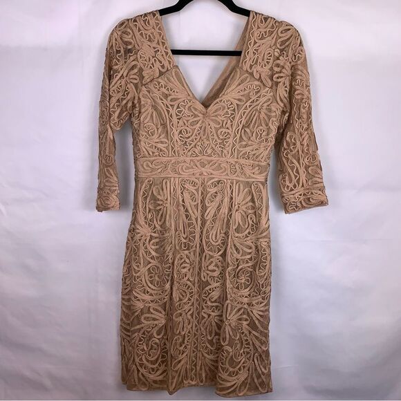 Sue Wong Lace Three Quarter Sleeve Taupe Dress - Picture 3 of 11